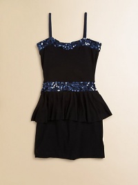 Mod, ruffled peplum is complimented by a sequined waistband on this shimmery, party-ready frock.Slightly curved necklineSpaghetti strapsPullover styleSequined waistbandRuffled peplum85% rayon/15% spandexHand washImported Mod, ruffled peplum is complimented by a sequined waistband on this shimmery, party-ready frock.Slightly curved necklineSpaghetti strapsPullover styleSequined waistbandRuffled peplum85% rayon/15% spandexHand washImported