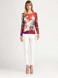 Splashes of florals and paisley decorate this colorful knit silk style.Rib-knit crewneckRib-knit cuffs and hemSilk/elastaneDry cleanMade in Italy of imported fabricModel shown is 5'11 (180cm) wearing US size 4. Splashes of florals and paisley decorate this colorful knit silk style.Rib-knit crewneckRib-knit cuffs and hemSilk/elastaneDry cleanMade in Italy of imported fabricModel shown is 5'11 (180cm) wearing US size 4.
