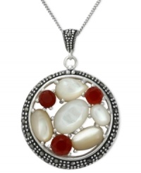Stylish stones take center stage in Genevieve & Grace's sterling silver necklace and pendant. Carnelian (1-1/5 ct. t.w.), marcasite and mother of pearl (8-5/8 ct. t.w.) make a vibrant statement. Approximate length: 18 inches. Approximate drop: 1-5/6 inches. Approximate drop width: 1-1/8 inches. Stylish stones take center stage in Genevieve & Grace's sterling silver necklace and pendant. Carnelian (1-1/5 ct. t.w.), marcasite and mother of pearl (8-5/8 ct. t.w.) make a vibrant statement. Approximate length: 18 inches. Approximate drop: 1-5/6 inches. Approximate drop width: 1-1/8 inches.