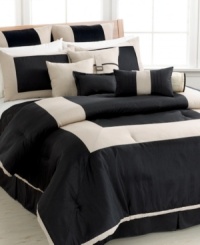 In a chic black and ivory palette, the Park Avenue comforter set offers a simple, but elite look for your bedroom. Smart solids in linen and silk like textures are pieced together in different forms and decorative pillows draw in subtle designs and embellishments for just a hint of extra style. In a chic black and ivory palette, the Park Avenue comforter set offers a simple, but elite look for your bedroom. Smart solids in linen and silk like textures are pieced together in different forms and decorative pillows draw in subtle designs and embellishments for just a hint of extra style.