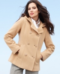 A classic pea coat goes one-better with a cozy attached hood, from Jason Kole. The wool-blend fabric and double-breasted styling keep the look clean, crisp and classic. A classic pea coat goes one-better with a cozy attached hood, from Jason Kole. The wool-blend fabric and double-breasted styling keep the look clean, crisp and classic.