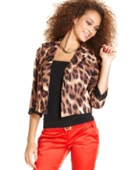 Polished with attitude. XOXO's three-quarter sleeve animal-print blazer spices up your day-to-night look with bold, sophisticated style. Polished with attitude. XOXO's three-quarter sleeve animal-print blazer spices up your day-to-night look with bold, sophisticated style.