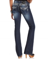 Rhinestones add eye-catching appeal to these Miss Me bootcut jeans -- perfect for a daytime glam look! Rhinestones add eye-catching appeal to these Miss Me bootcut jeans -- perfect for a daytime glam look!