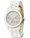White, so timely this season, is here from MICHAEL Michael Kors on a three-eye chronograph With white bracelet strap, a round dial with shiny silver Arabic numbers and stick indices.