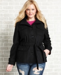 Layer on the style this cold weather season with Dollhouse's plus size belted jacket, featuring a single-breasted design. Layer on the style this cold weather season with Dollhouse's plus size belted jacket, featuring a single-breasted design.