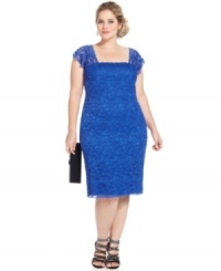 Onyx's plus size lace cocktail dress is designed with a figure-flattering fit and a dose of sequins for a sparkling finish. Onyx's plus size lace cocktail dress is designed with a figure-flattering fit and a dose of sequins for a sparkling finish.