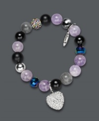 Perfect your look in a plethora of purple hues. This chic, clear elastic stretch bracelet highlights 10 mm beads that include light amethyst, black agate, labradorite, hematite, satin black agate, and blue tiger's eye. A pave-set crystal ball and heart charm, black faceted AB crystal rondelles, and polished sterling silver accents create the perfect finishing touch. Approximate diameter: 3 inches. Perfect your look in a plethora of purple hues. This chic, clear elastic stretch bracelet highlights 10 mm beads that include light amethyst, black agate, labradorite, hematite, satin black agate, and blue tiger's eye. A pave-set crystal ball and heart charm, black faceted AB crystal rondelles, and polished sterling silver accents create the perfect finishing touch. Approximate diameter: 3 inches.
