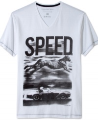 Get up to speed this season: Calvin Klein Jeans' T-shirt with cheetah and sports car graphic. Get up to speed this season: Calvin Klein Jeans' T-shirt with cheetah and sports car graphic.