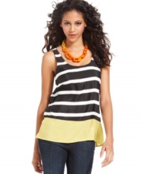 Stripes and colorblocking add a graphic appeal to this Bar III tank for a modern fall look! Stripes and colorblocking add a graphic appeal to this Bar III tank for a modern fall look!