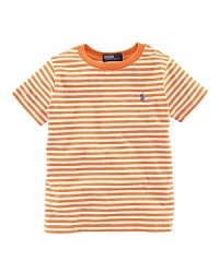 Slim stripes adorn an airy short-sleeved cotton jersey crewneck tee for a bold, preppy look. Slim stripes adorn an airy short-sleeved cotton jersey crewneck tee for a bold, preppy look.