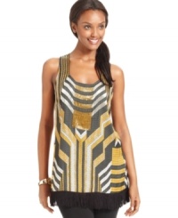 ECI channels art deco inspiration for this beaded top, featuring a flirty fringe hem. ECI channels art deco inspiration for this beaded top, featuring a flirty fringe hem.