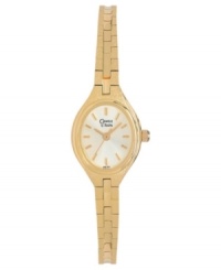 A sleek style for every day. This Caravelle by Bulova watch features a goldtone mixed metal bracelet and oval-shaped case. White dial with logo, goldtone stick markers and three hands. Quartz movement. Water resistant to 30 meters. Three-year limited warranty. A sleek style for every day. This Caravelle by Bulova watch features a goldtone mixed metal bracelet and oval-shaped case. White dial with logo, goldtone stick markers and three hands. Quartz movement. Water resistant to 30 meters. Three-year limited warranty.