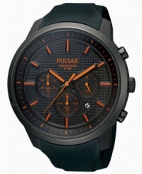 A stylish mix of comfortable polyurethane and blacked out steel create a handsome watch from Pulsar. A stylish mix of comfortable polyurethane and blacked out steel create a handsome watch from Pulsar.