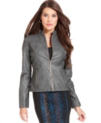 Lend a polished edge to your look with Alfani's plus size faux leather jacket, featuring chic zipper embellishments. Lend a polished edge to your look with Alfani's plus size faux leather jacket, featuring chic zipper embellishments.