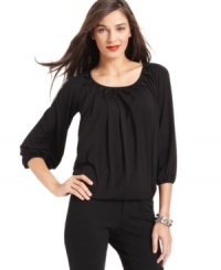 Studio M heighten this scoopneck top's style with a textured detail around the neckline and chic bishop sleeves. Studio M heighten this scoopneck top's style with a textured detail around the neckline and chic bishop sleeves.