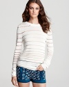 The classic crewneck gets a trend-right update with this 10 Crosby Derek Lam sweater featuring sheer knit stripes for a flirty, peek-a-boo finish. Mix-and-match the look with tribal-print shorts and rock cabana-approved style.