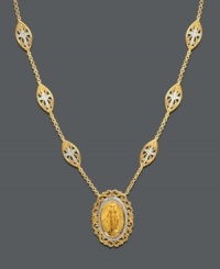 Divine elegance. Mi Joya Divina's stunning pendant necklace features the Virgin Mary adorned with marquise-shaped cross charms. Crafted in 14k gold with sparkling, round-cut diamonds (1/5 ct. t.w.). Approximate length: 18 inches. Approximate drop length: 1 inch. Approximate drop width: 7/10 inch. Divine elegance. Mi Joya Divina's stunning pendant necklace features the Virgin Mary adorned with marquise-shaped cross charms. Crafted in 14k gold with sparkling, round-cut diamonds (1/5 ct. t.w.). Approximate length: 18 inches. Approximate drop length: 1 inch. Approximate drop width: 7/10 inch.