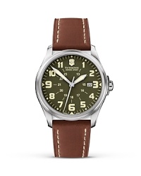 A stylish leather strap with contrast stitching lends vintage style to this watch from Swiss Army. A stylish leather strap with contrast stitching lends vintage style to this watch from Swiss Army.