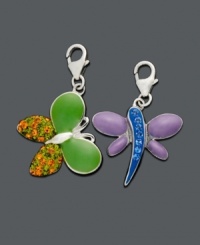 Capture the essence of nature with these sparkling winged creatures. Set includes a green butterfly, and a purple and blue dragonfly. Charms set in sterling silver with crystal accents. Lobster claw clasp. Approximate drop: 1/2 inch. Capture the essence of nature with these sparkling winged creatures. Set includes a green butterfly, and a purple and blue dragonfly. Charms set in sterling silver with crystal accents. Lobster claw clasp. Approximate drop: 1/2 inch.