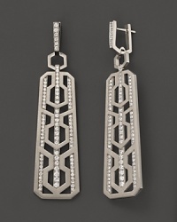 An eye-catching geometric pattern and brilliant diamonds distinguish these sterling silver drop earrings from India Hicks. An eye-catching geometric pattern and brilliant diamonds distinguish these sterling silver drop earrings from India Hicks.