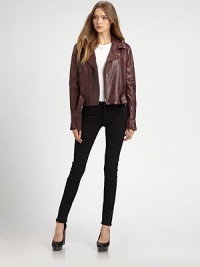 Rich, textured lambskin, closely cropped in classic biker style.Notched-collarEpaulettesAsymmetric zipper frontZip cuffsZip pocketsBelted waistAbout 18 from shoulder to hemLambskinDry clean by a leather specialistImportedModel shown is 5'9½ (176cm) wearing US size Small.OUR FIT MODEL RECOMMENDS ordering true size. Rich, textured lambskin, closely cropped in classic biker style.Notched-collarEpaulettesAsymmetric zipper frontZip cuffsZip pocketsBelted waistAbout 18 from shoulder to hemLambskinDry clean by a leather specialistImportedModel shown is 5'9½ (176cm) wearing US size Small.OUR FIT MODEL RECOMMENDS ordering true size.