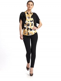 Cropped button-front design with tulip sleeves and shirring at the hem, is at once polished and chic.Scoop neckline Button front Short tulip sleeves Shirred side hem Fully lined About 17 from shoulder to hem Rayon Dry clean Made in Italy Cropped button-front design with tulip sleeves and shirring at the hem, is at once polished and chic.Scoop neckline Button front Short tulip sleeves Shirred side hem Fully lined About 17 from shoulder to hem Rayon Dry clean Made in Italy