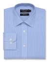 Long sleeve dress shirt with spread collar. Single needle tailoring, angle cut barrel cuffs with two buttons to resize width. Pocket at left chest. Subtle stripe pattern throughout.