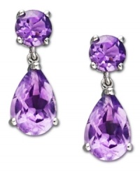 Perfectly purple. Round and pear-cut amethyst gemstones (2-1/10 ct. t.w.) add poise and polish to any look. Post backing and setting crafted in sterling silver. Approximate drop: 1/4 inch. Perfectly purple. Round and pear-cut amethyst gemstones (2-1/10 ct. t.w.) add poise and polish to any look. Post backing and setting crafted in sterling silver. Approximate drop: 1/4 inch.
