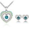 Contessa Bella Fancy Genuine 18k White Gold Plated Teal Blue Green and Clear Swarovski Austrian Crystal Elements Beautiful Jeweled Open Heart Charm Pendant Women Necklace and Earrings Set Elegant Silver Color Crystal Fashion Jewelry