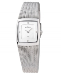Square away your style with this Skagen Denmark watch featuring a stainless steel mesh bracelet and square case. Silvertone dial with logo and crystal accents at indices. Quartz movement. Water resistant to 30 meters. Limited lifetime warranty. Square away your style with this Skagen Denmark watch featuring a stainless steel mesh bracelet and square case. Silvertone dial with logo and crystal accents at indices. Quartz movement. Water resistant to 30 meters. Limited lifetime warranty.