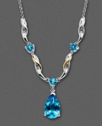 Swirls of 14k gold and sterling silver surround vibrant blue topaz gemstones (4-3/8 ct. t.w.).  Necklace features a teardrop design and includes diamond accents. Approximate length: 14 inches. Approximate drop: 1/2 inch.