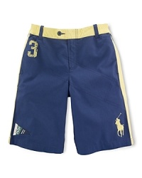 Summer ready, this cotton twill short features applied stripes, a screen-printed 3 and an embroidered Big Pony. The elastic waist features belt loops. Summer ready, this cotton twill short features applied stripes, a screen-printed 3 and an embroidered Big Pony. The elastic waist features belt loops.