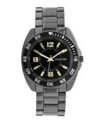 Sleek gunmetal styling that begs attention from Unlisted. Wear-everywhere watch by Unlisted crafted of gunmetal tone mixed metal bracelet and round case. Bezel features white numerals and stick markers. Black dial features gold tone numerals at six, nine and twelve o'clock, stick indices, minute track, three hands and logo at three o'clock. Quartz movement. Splash resistant. Two-year limited warranty. Sleek gunmetal styling that begs attention from Unlisted. Wear-everywhere watch by Unlisted crafted of gunmetal tone mixed metal bracelet and round case. Bezel features white numerals and stick markers. Black dial features gold tone numerals at six, nine and twelve o'clock, stick indices, minute track, three hands and logo at three o'clock. Quartz movement. Splash resistant. Two-year limited warranty.