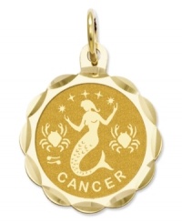 Tell everyone your sign in style! This scalloped and polished disc charm features the Cancer Zodiac in 14k gold. Chain not included. Approximate length: 9/10 inch. Approximate width: 3/5 inch. Tell everyone your sign in style! This scalloped and polished disc charm features the Cancer Zodiac in 14k gold. Chain not included. Approximate length: 9/10 inch. Approximate width: 3/5 inch.