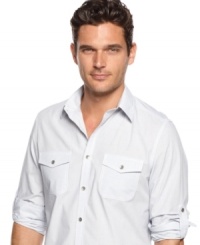 Roll up with sleek style wearing this mini check plaid patterned shirt from Kenneth Cole. Roll up with sleek style wearing this mini check plaid patterned shirt from Kenneth Cole.