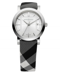 This Burberry timepiece features a Nova Check fabric strap and round stainless steel case. Silvertone engraved dial with tonal stick indices, logo and date window. Swiss made. Swiss movement. Water resistant to 50 meters. Two-year limited warranty. Style #BU1378 This Burberry timepiece features a Nova Check fabric strap and round stainless steel case. Silvertone engraved dial with tonal stick indices, logo and date window. Swiss made. Swiss movement. Water resistant to 50 meters. Two-year limited warranty. Style #BU1378