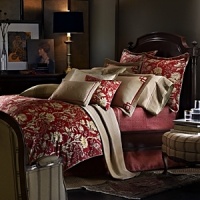 A classic chinoiserie pattern pairs with heritage motifs - fretwork, stripes and florals - in a bold, modern color palette to create a unique bedding ensemble. A classic chinoiserie pattern pairs with heritage motifs - fretwork, stripes and florals - in a bold, modern color palette to create a unique bedding ensemble.
