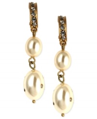 Glam in gold. Jones New York's divine drop earrings showcase glass and plastic pearls and beads. Clip-on backing for non-pierced ears. Set in gold-tone mixed metal. Approximate drop: 1 inch. Glam in gold. Jones New York's divine drop earrings showcase glass and plastic pearls and beads. Clip-on backing for non-pierced ears. Set in gold-tone mixed metal. Approximate drop: 1 inch.