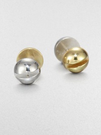 Bold and fun screw-design earrings are two-tone and two-sided so it's like getting two pairs of studs in one.Brass and silvertoneDiameter, about .75Post backImported