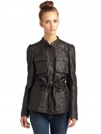 THE LOOKRuched shouldersSnap accent on collarFront snap closureDual flap pockets at chestDrawstring tie waistDual welt pocketsTHE FITAbout 24 from shoulder to hemTHE MATERIALBody: leatherSecond fabric: polyesterFully linedCARE & ORIGINClean by leather specialist ImportedModel shown is 5'9 (175cm) wearing US size 4. THE LOOKRuched shouldersSnap accent on collarFront snap closureDual flap pockets at chestDrawstring tie waistDual welt pocketsTHE FITAbout 24 from shoulder to hemTHE MATERIALBody: leatherSecond fabric: polyesterFully linedCARE & ORIGINClean by leather specialist ImportedModel shown is 5'9 (175cm) wearing US size 4.