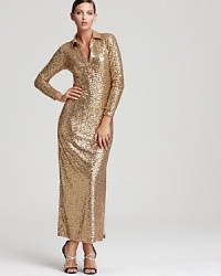 Revel in retro glamour with a glided Anne Klein maxi dress, featuring a point collar and chain-link belt for '70s-style inspiration. Finish the look with high-shine heels and illuminate the night. Revel in retro glamour with a glided Anne Klein maxi dress, featuring a point collar and chain-link belt for '70s-style inspiration. Finish the look with high-shine heels and illuminate the night.