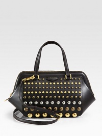 Rock on with this easy leather satchel with gleaming metal studs and a detachable shoulder strap. Adjustable detachable shoulder strap, 18-20 dropDouble top handles, 5 dropTop zip closureOne inside zip pocketTwo inside open pocketsFully lined15¼W X 15¼H X 5½DImported Rock on with this easy leather satchel with gleaming metal studs and a detachable shoulder strap. Adjustable detachable shoulder strap, 18-20 dropDouble top handles, 5 dropTop zip closureOne inside zip pocketTwo inside open pocketsFully lined15¼W X 15¼H X 5½DImported