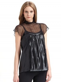 Shimmery pleated lamé fuses elegantly with a sheer silk yoke for a wispy, ladylike design.Mockneck Cap sleeves Sheer yoke, front and back Pleated lamé body Back snap closure About 21 from shoulder to hem 64% silk/36% polyester Dry clean Made in Italy Shimmery pleated lamé fuses elegantly with a sheer silk yoke for a wispy, ladylike design.Mockneck Cap sleeves Sheer yoke, front and back Pleated lamé body Back snap closure About 21 from shoulder to hem 64% silk/36% polyester Dry clean Made in Italy