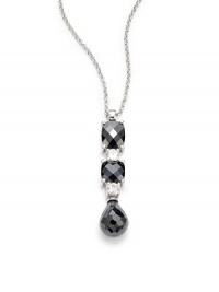 THE LOOKTriple stone pendantFaceted black and clear cubic zirconia accentsAdjustable circle chainSterling silver rhodium-plated settingLobster claspTHE MEASUREMENTPendant length, about 1 Length, about 15½ & 16½ORIGINImported THE LOOKTriple stone pendantFaceted black and clear cubic zirconia accentsAdjustable circle chainSterling silver rhodium-plated settingLobster claspTHE MEASUREMENTPendant length, about 1 Length, about 15½ & 16½ORIGINImported