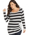 Look stunning in stripes with DKNY Jeans' long sleeve plus size top-- it's a must-have for on-trend style!
