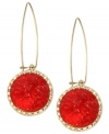 Look resplendent in red. This pair of drop earrings from RACHEL Rachel Roy is crafted from gold-tone mixed metal. Glittering accents surround the vibrant red glass stones. Approximate drop: 2-3/4 inches. Approximate diameter: 1 inch.