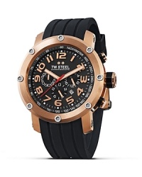 A rose gold PVD case lends luxe shine to this Grandeur Tech watch from TW Steel. A rose gold PVD case lends luxe shine to this Grandeur Tech watch from TW Steel.