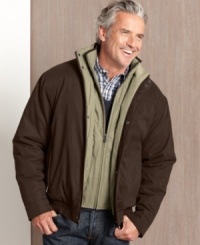 Traditional cool. This bomber jacket includes a contrast bib to secure your comfort and your look. Traditional cool. This bomber jacket includes a contrast bib to secure your comfort and your look.