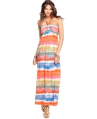 From the colorful wooden beads to the caribbean-inspired print, beach style is in full supply on this halter maxi dress from American Rag! From the colorful wooden beads to the caribbean-inspired print, beach style is in full supply on this halter maxi dress from American Rag!