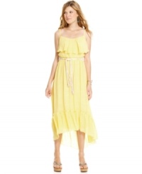 Relish the sunshine in this pretty, ruffled day dress from BCX! A crochet knit belt adds to its casual, effortless style! Relish the sunshine in this pretty, ruffled day dress from BCX! A crochet knit belt adds to its casual, effortless style!